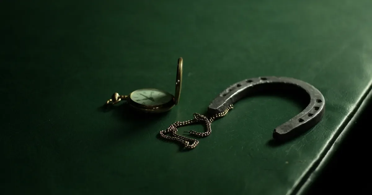 An open brass pocket watch beside an old horseshoe on a dark green leather desk