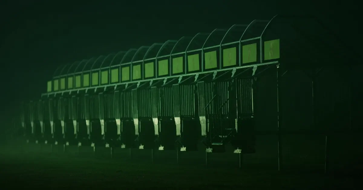 A row of empty racecourse starting stalls in the morning mist