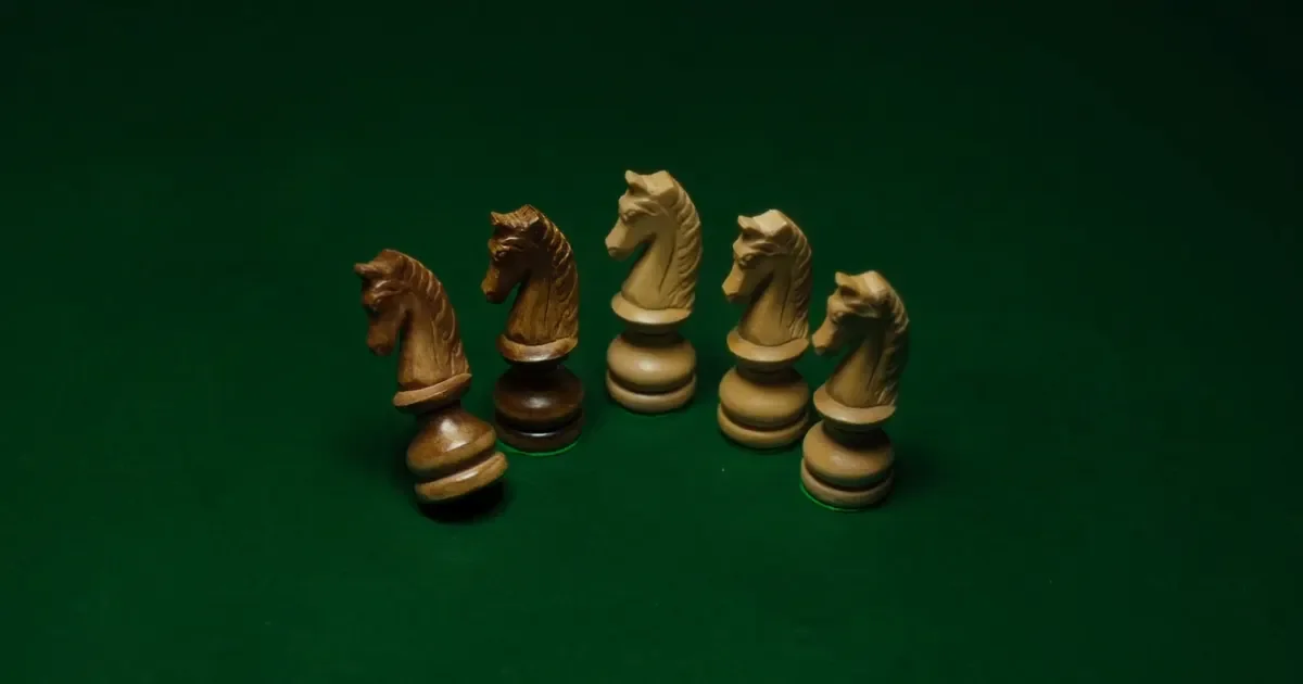 Five wooden chess knights grouped together on a dark green felt table