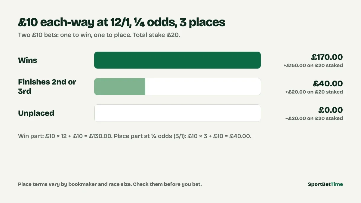 Each-way bet returns at 12/1 with quarter-odds place terms